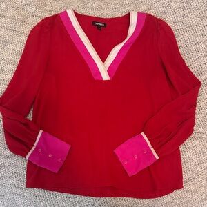 Express Colorblock V-Neck Blouse Women’s Medium Red Pink Long Sleeve Work Top